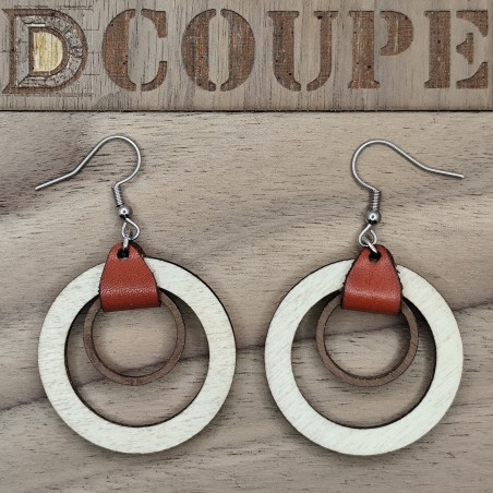 Boucles d'oreilles 2 anneaux bois et cuir (Extérieur Bouleau)