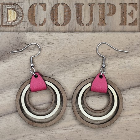 Boucles d'oreilles 3 anneaux bois et cuir (Extérieur Noyer)