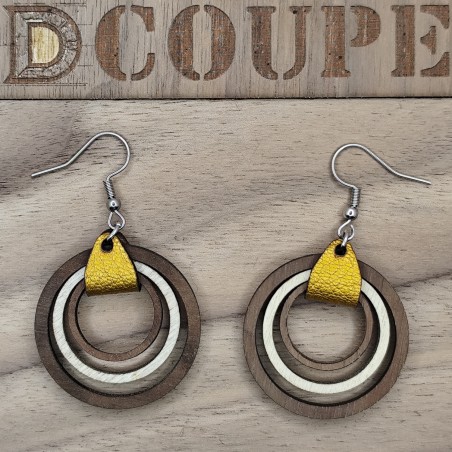 Boucles d'oreilles 3 anneaux bois et cuir (Extérieur Noyer)