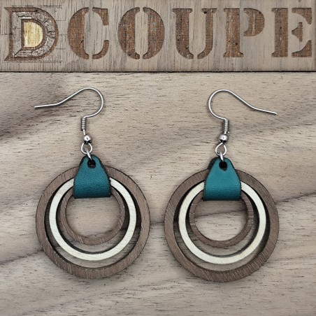 Boucles d'oreilles 3 anneaux bois et cuir (Extérieur Noyer)