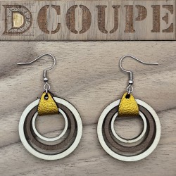 Boucles d'oreilles 3 anneaux bois et cuir (Extérieur Bouleau)