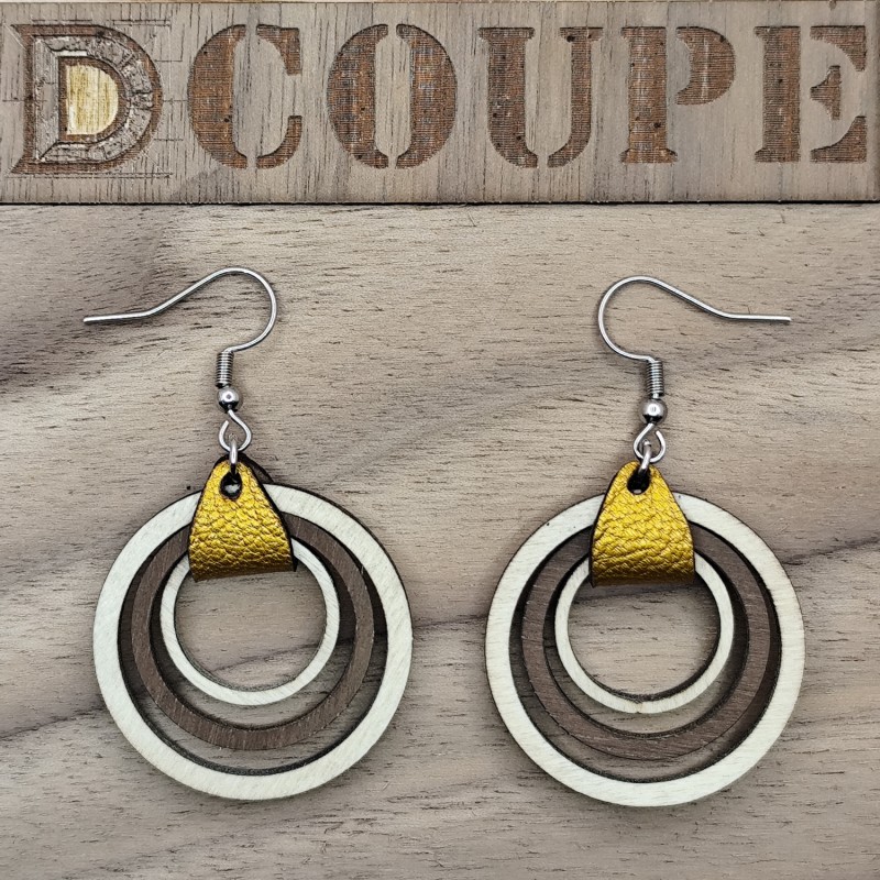 Boucles d'oreilles 3 anneaux bois et cuir (Extérieur Bouleau)