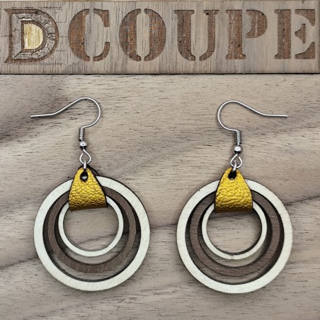 Boucles d'oreilles 3 anneaux bois et cuir (Extérieur Bouleau)