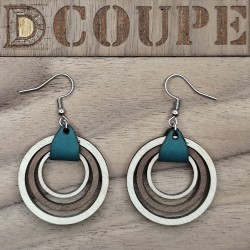 Boucles d'oreilles 3 anneaux bois et cuir (Extérieur Bouleau)
