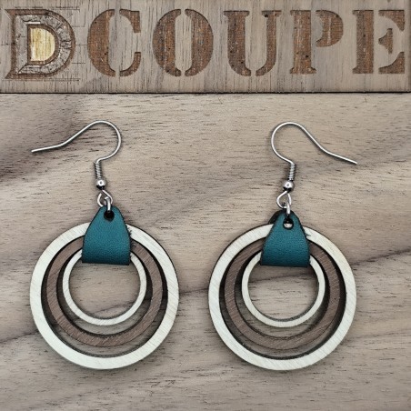 Boucles d'oreilles 3 anneaux bois et cuir (Extérieur Bouleau)