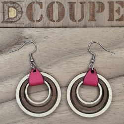 Boucles d'oreilles 3 anneaux bois et cuir (Extérieur Bouleau)