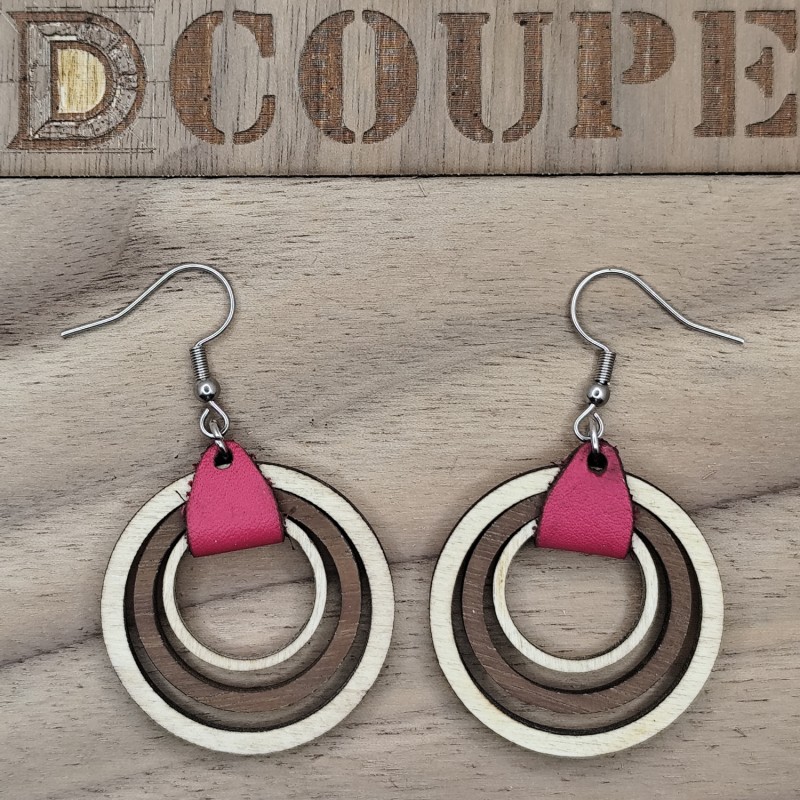 Boucles d'oreilles 3 anneaux bois et cuir (Extérieur Bouleau)