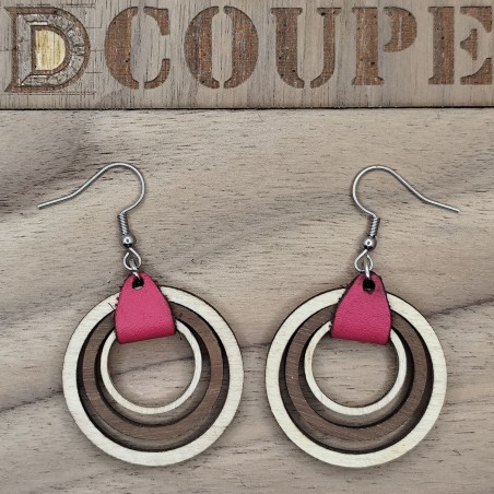 Boucles d'oreilles 3 anneaux bois et cuir (Extérieur Bouleau)