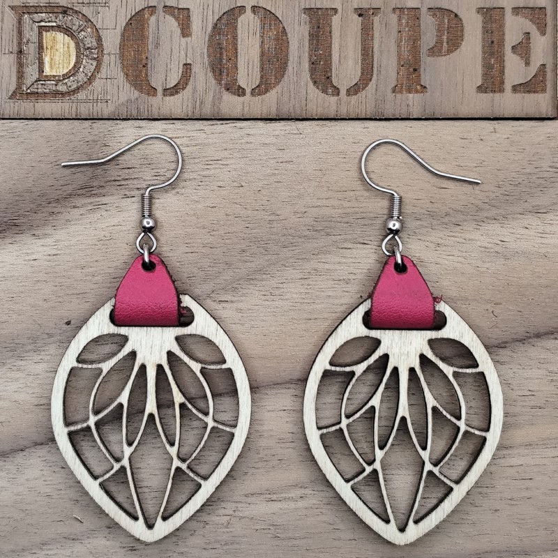 Boucles d'oreilles feuilles bois et cuir (Bouleau)