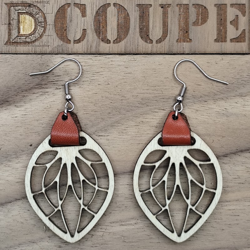 Boucles d'oreilles feuilles bois et cuir (Bouleau)