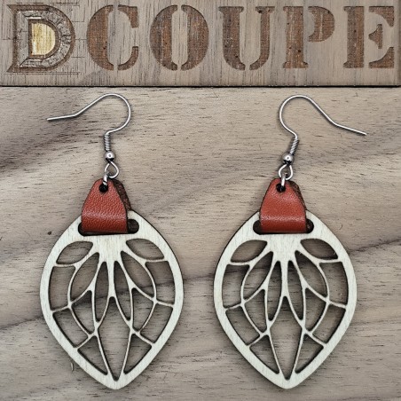 Boucles d'oreilles feuilles bois et cuir (Bouleau)