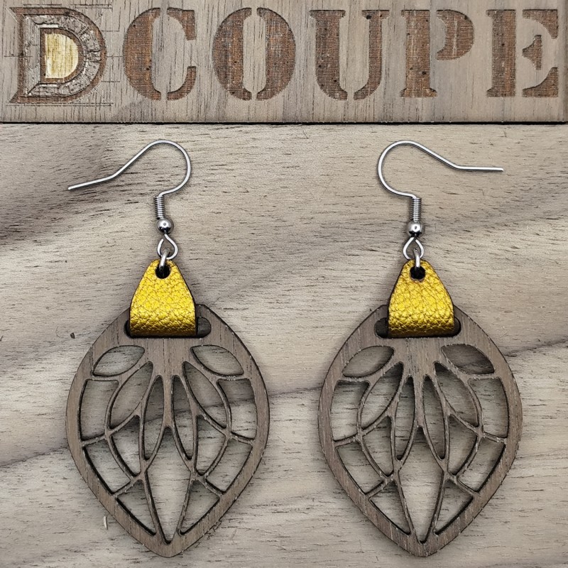 Boucles d'oreilles feuilles bois et cuir (Noyer)