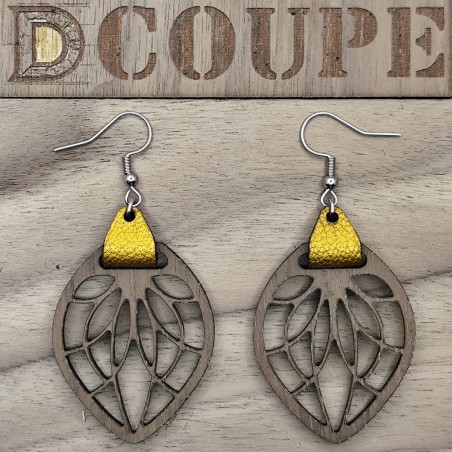 Boucles d'oreilles feuilles bois et cuir (Noyer)