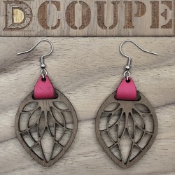 Boucles d'oreilles feuilles bois et cuir (Noyer)