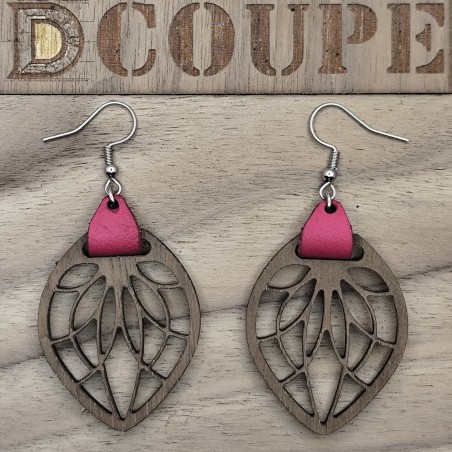 Boucles d'oreilles feuilles bois et cuir (Noyer)