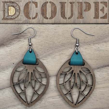 Boucles d'oreilles feuilles bois et cuir (Noyer)