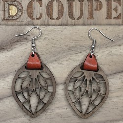 Boucles d'oreilles feuilles bois et cuir (Noyer)