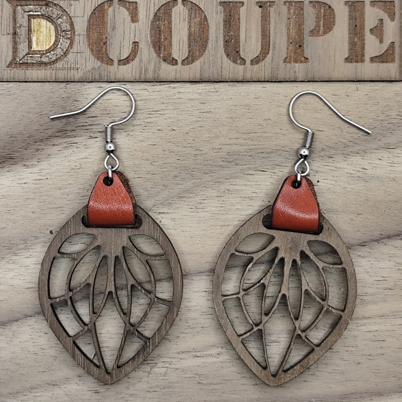 Boucles d'oreilles feuilles bois et cuir (Noyer)