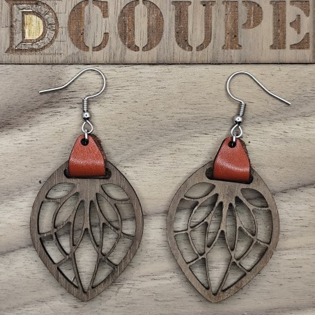 Boucles d'oreilles feuilles bois et cuir (Noyer)