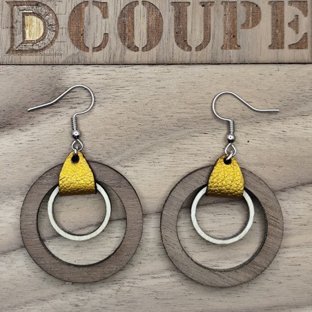 Boucles d'oreilles 2 anneaux bois et cuir (Extérieur Noyer)