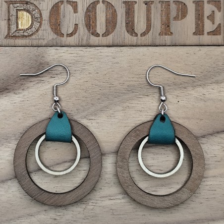 Boucles d'oreilles 2 anneaux bois et cuir (Extérieur Noyer)