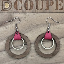Boucles d'oreilles 2 anneaux bois et cuir (Extérieur Noyer)