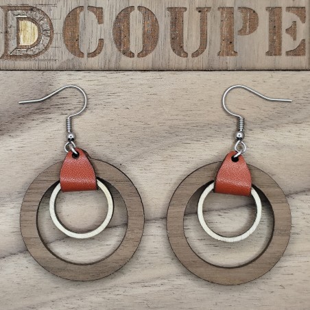 Boucles d'oreilles 2 anneaux bois et cuir (Extérieur Noyer)