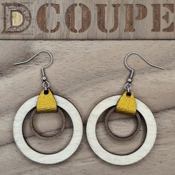 Boucles d'oreilles 2 anneaux bois et cuir (Extérieur Bouleau)
