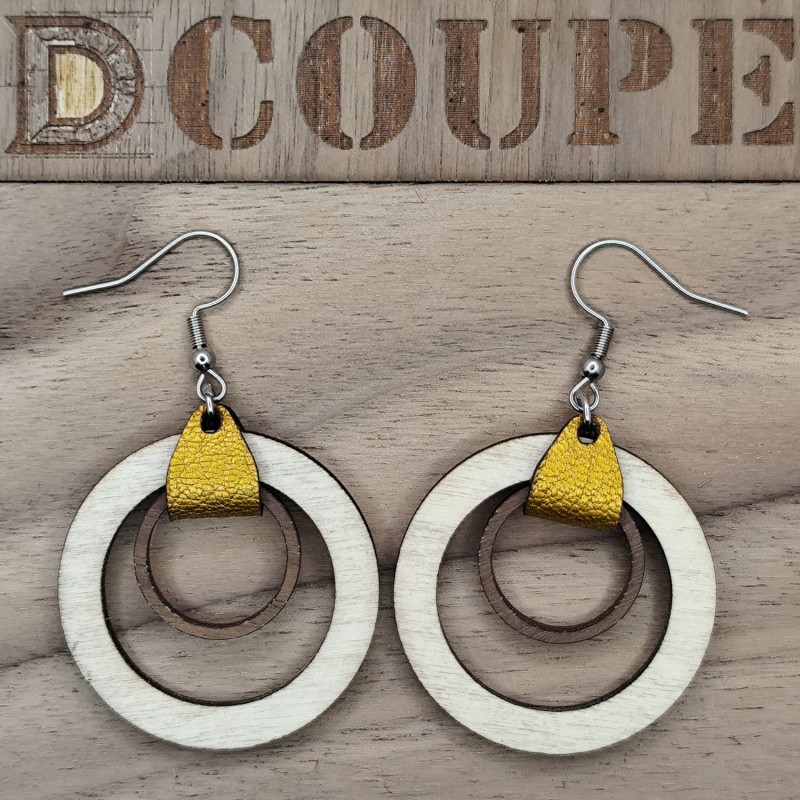 Boucles d'oreilles 2 anneaux bois et cuir (Extérieur Bouleau)