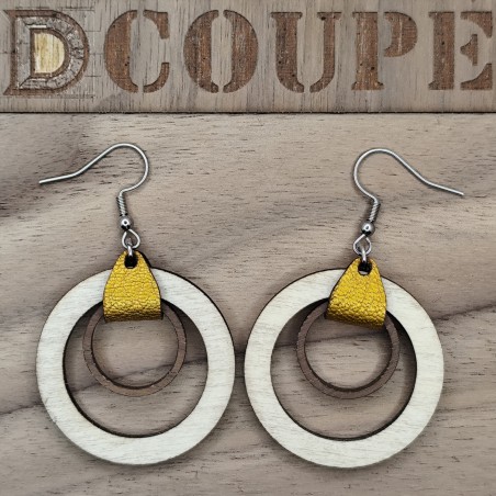 Boucles d'oreilles 2 anneaux bois et cuir (Extérieur Bouleau)