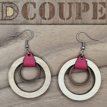 Boucles d'oreilles 2 anneaux bois et cuir (Extérieur Bouleau)